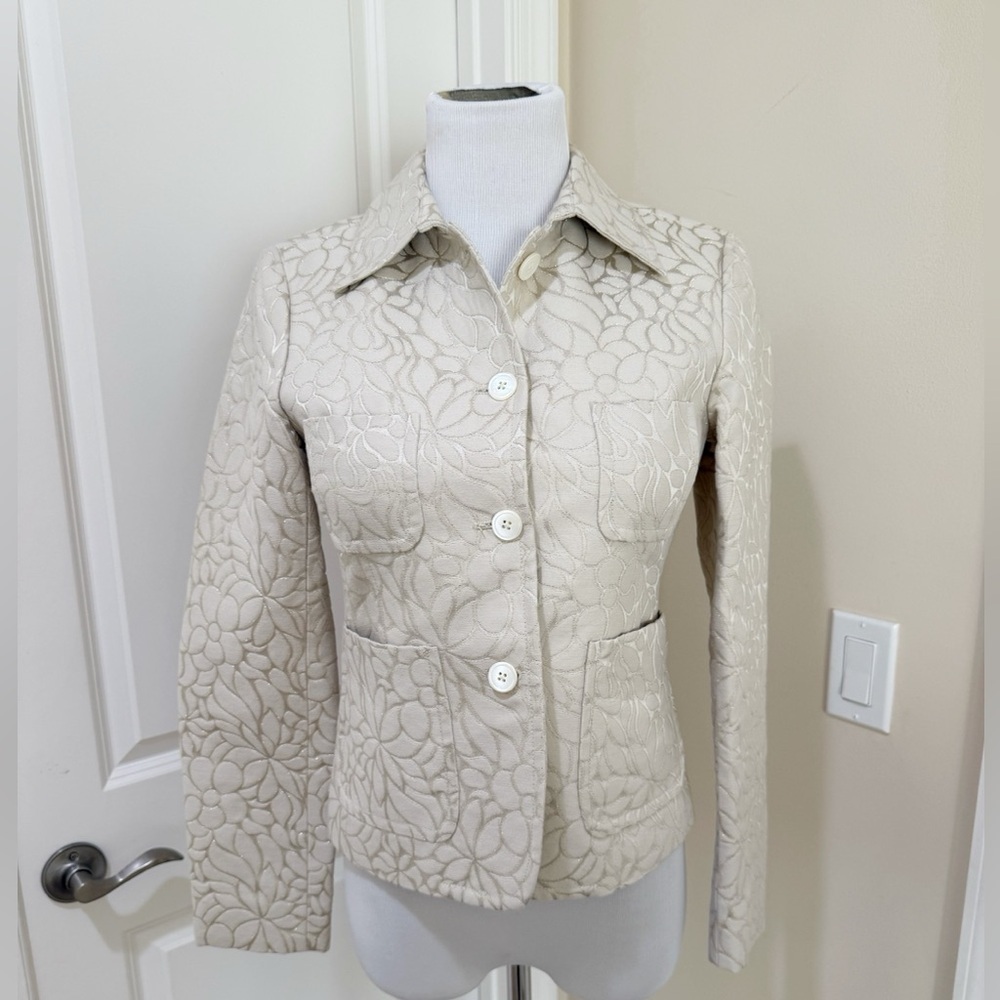 J. Crew Women's Silk Blend Floral Cream Button Up Military Blazer Jacket Size 4